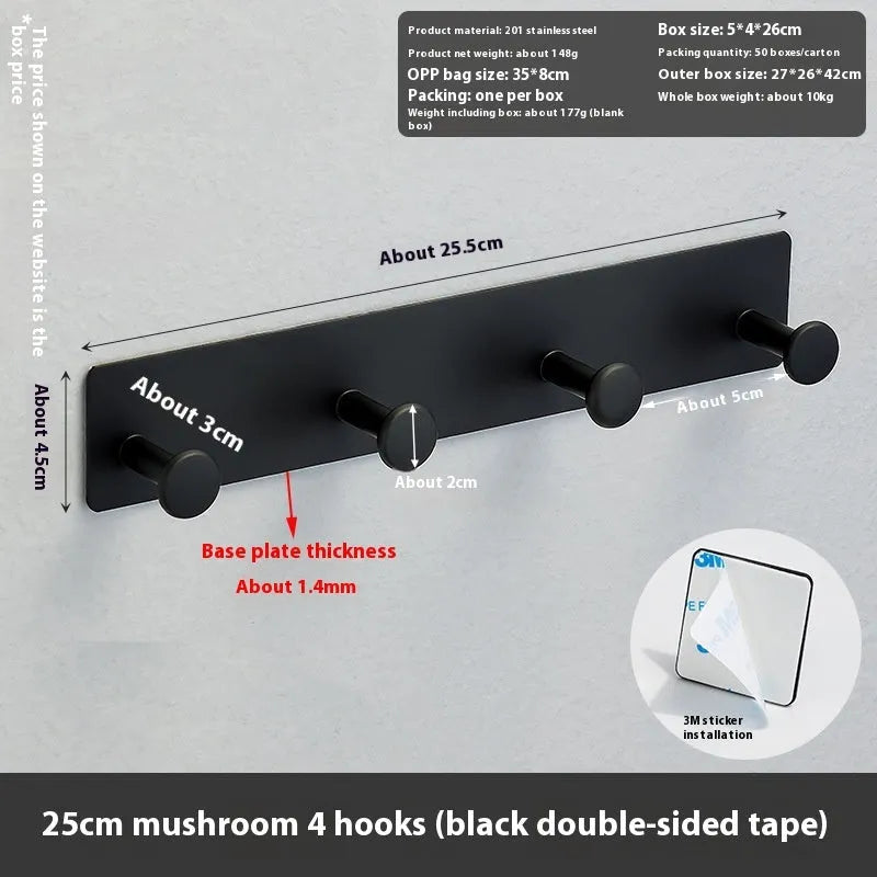 Adhesive wall hook with mushroom-shaped hooks in black or white, showing 5kg load capacity
