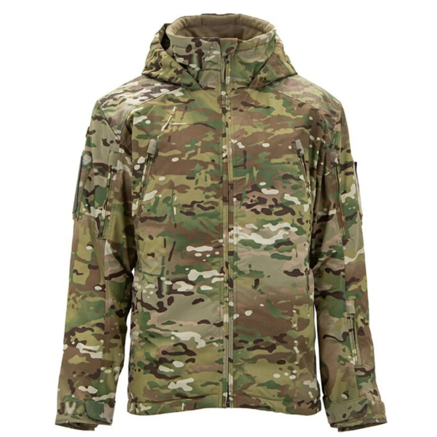 Thick cotton winter jacket shown in camouflage colour on a hanger.