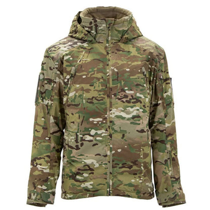 Thick cotton winter jacket shown in camouflage colour on a hanger.