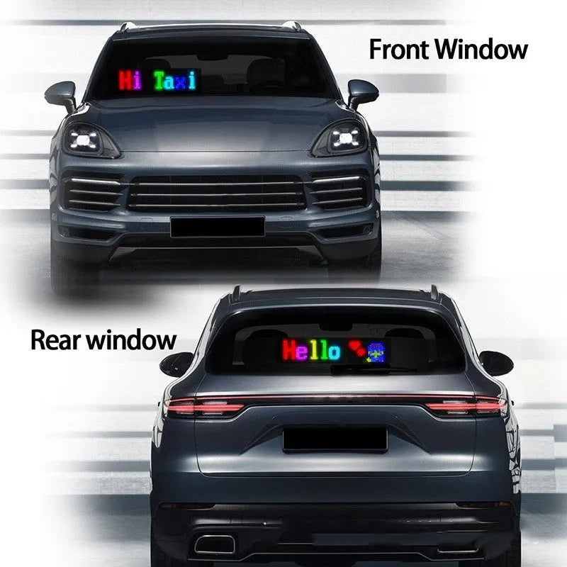 Programmable car LED sign with flexible full-colour advertising display screen showing custom text