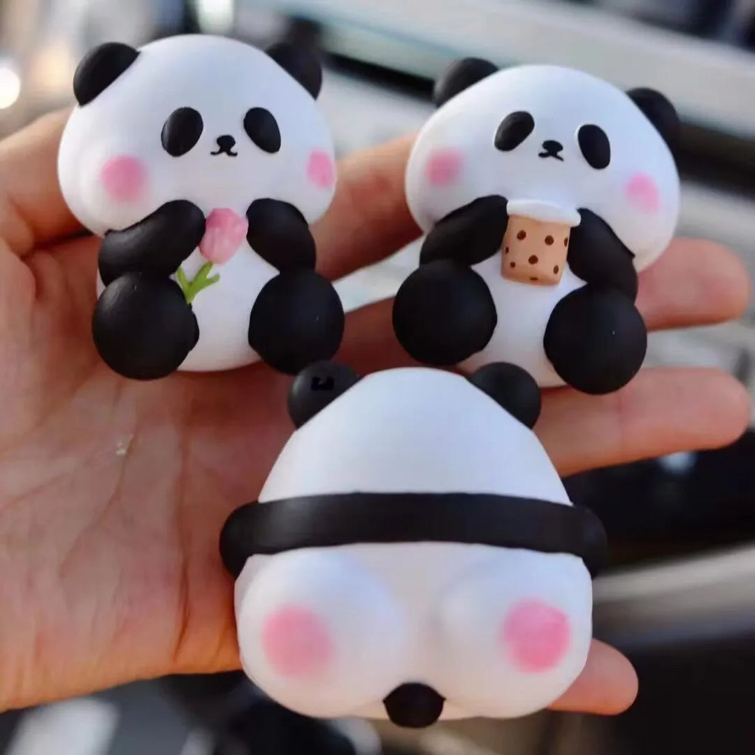Cute panda car air freshener vent clip in three designs: back panda, flower panda, and milk tea panda