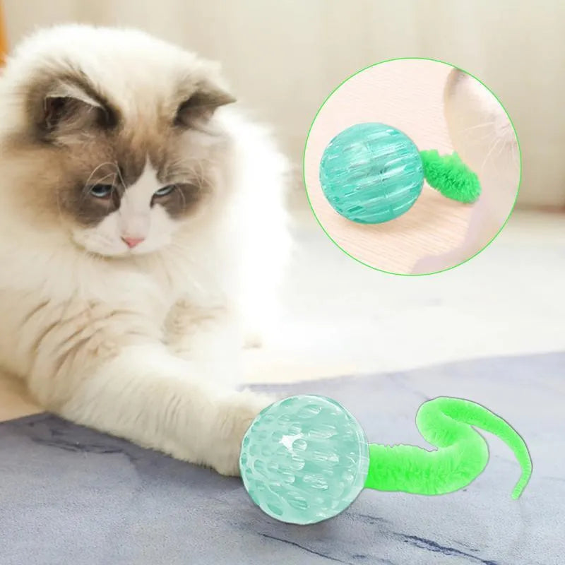 Interactive cat ball toy with worm-shaped tail, bouncy balls for indoor cats, safe kitten toy with TPR and plush construction measuring approximately 25 x 5.5 cm
