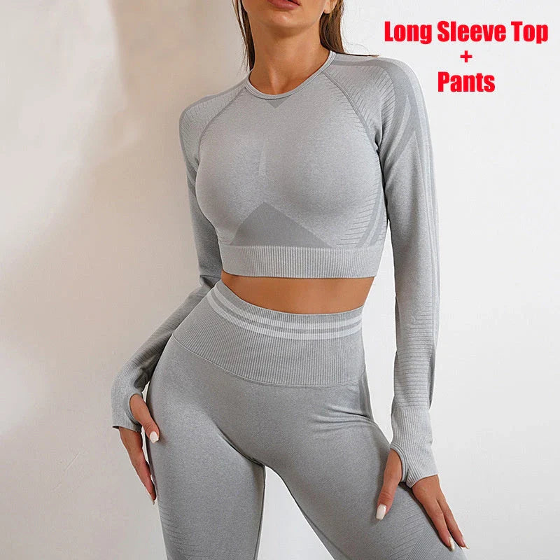 Seamless yoga leggings and long sleeve workout tops in various colors and styles