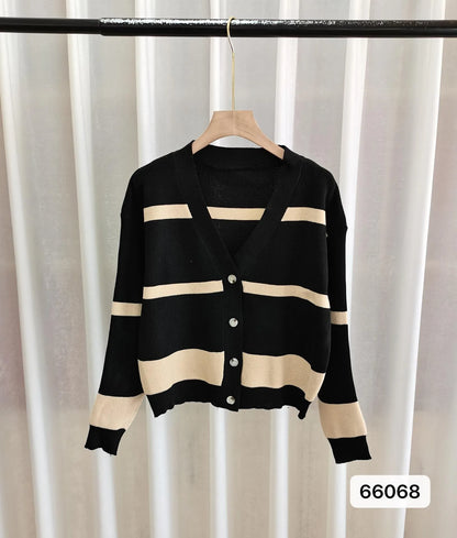 Women's black and white striped V-neck button cardigan with a 3D pattern and slim fit.