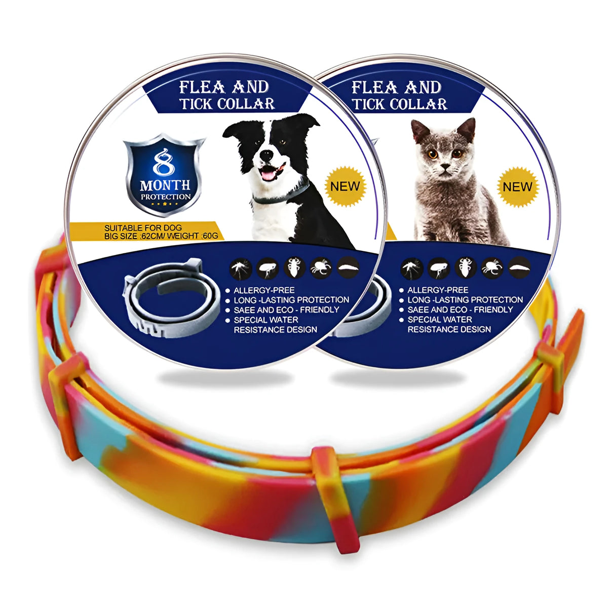 Rainbow coloured plastic flea and anti-lice collar for cats and dogs on white background