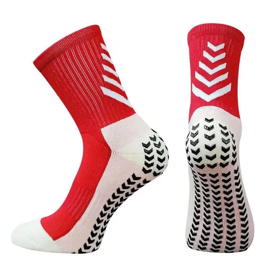 Men's mid-calf athletic football socks with geometric patterns and silicone grip sole