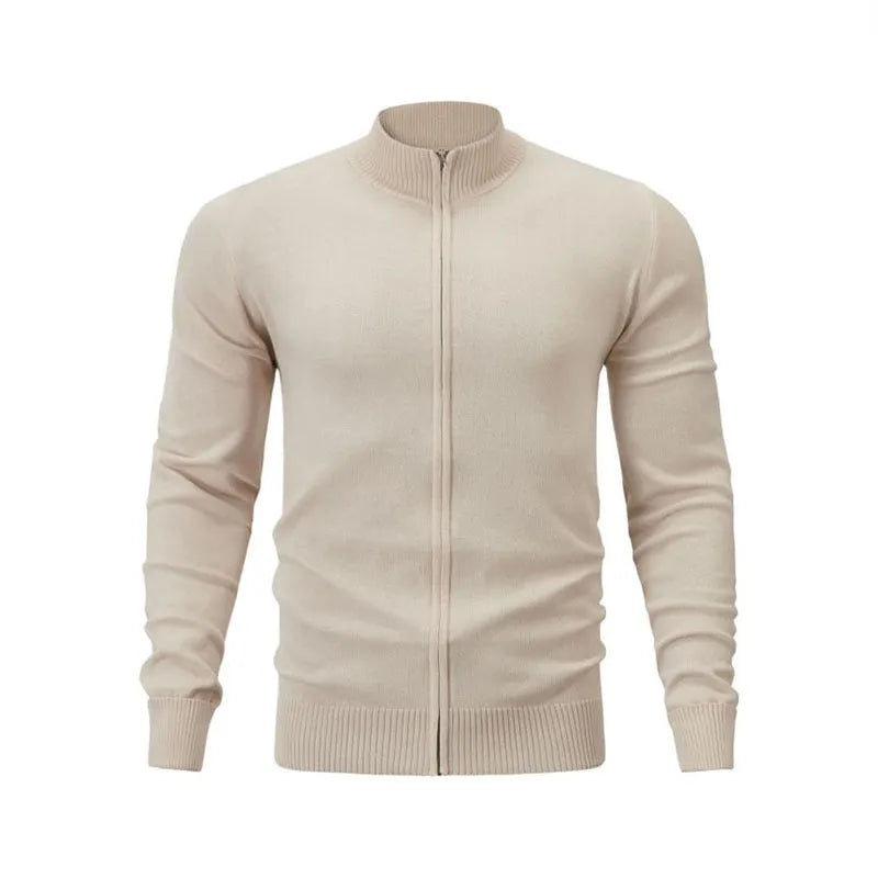 Cotton zipper front sweater with stand collar in multiple colour options showing loose fit