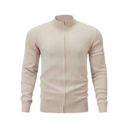 Cotton zipper front sweater with stand collar in multiple colour options showing loose fit