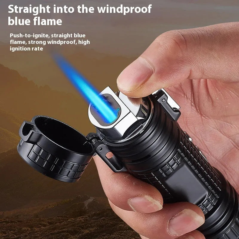 TH727 metal waterproof flashlight lighter in camouflage colour, showing ignition button and torch LED.