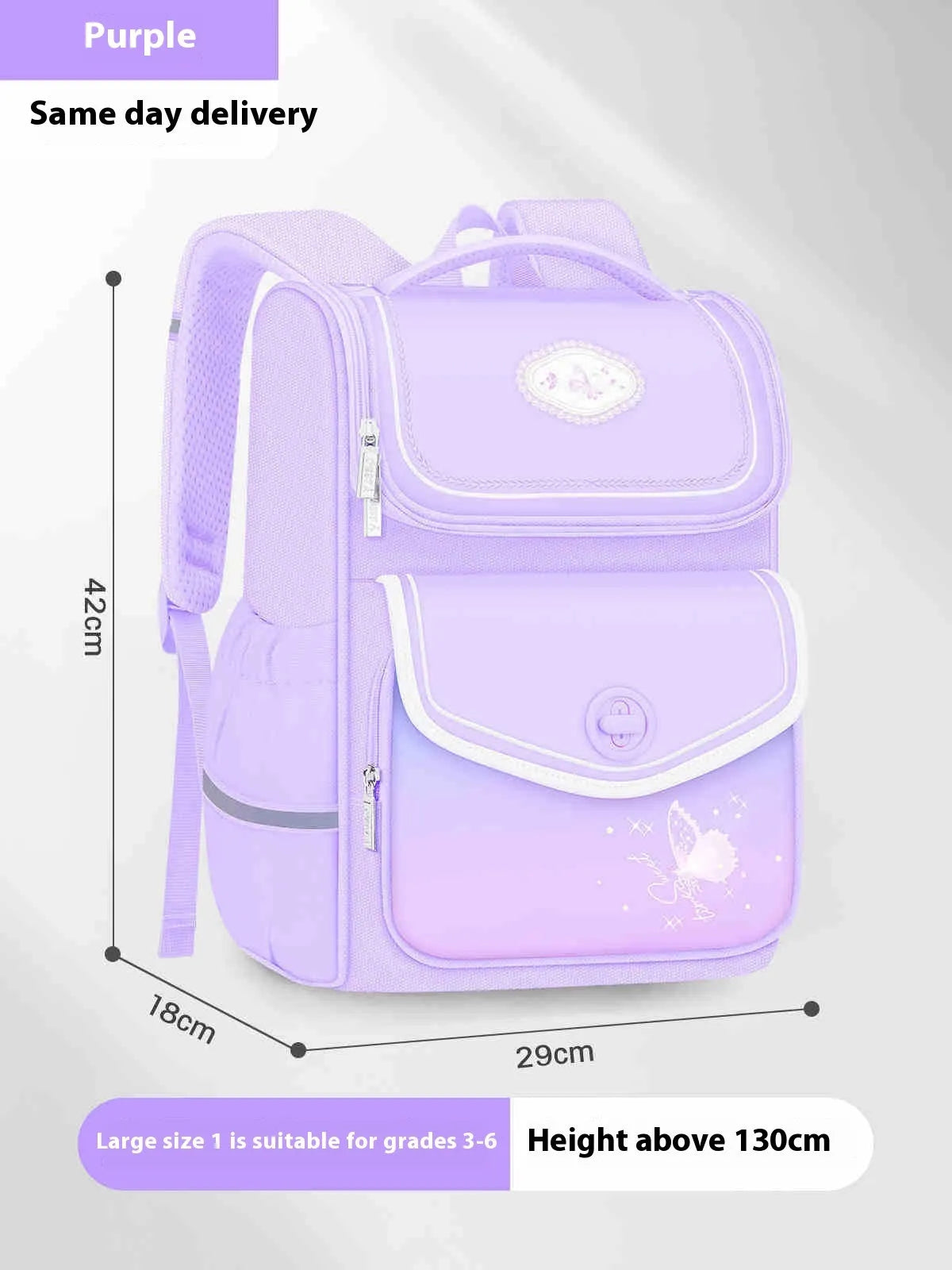 Pink girls school backpack with wide padded straps on a wooden bench, books and lunch bag inside.