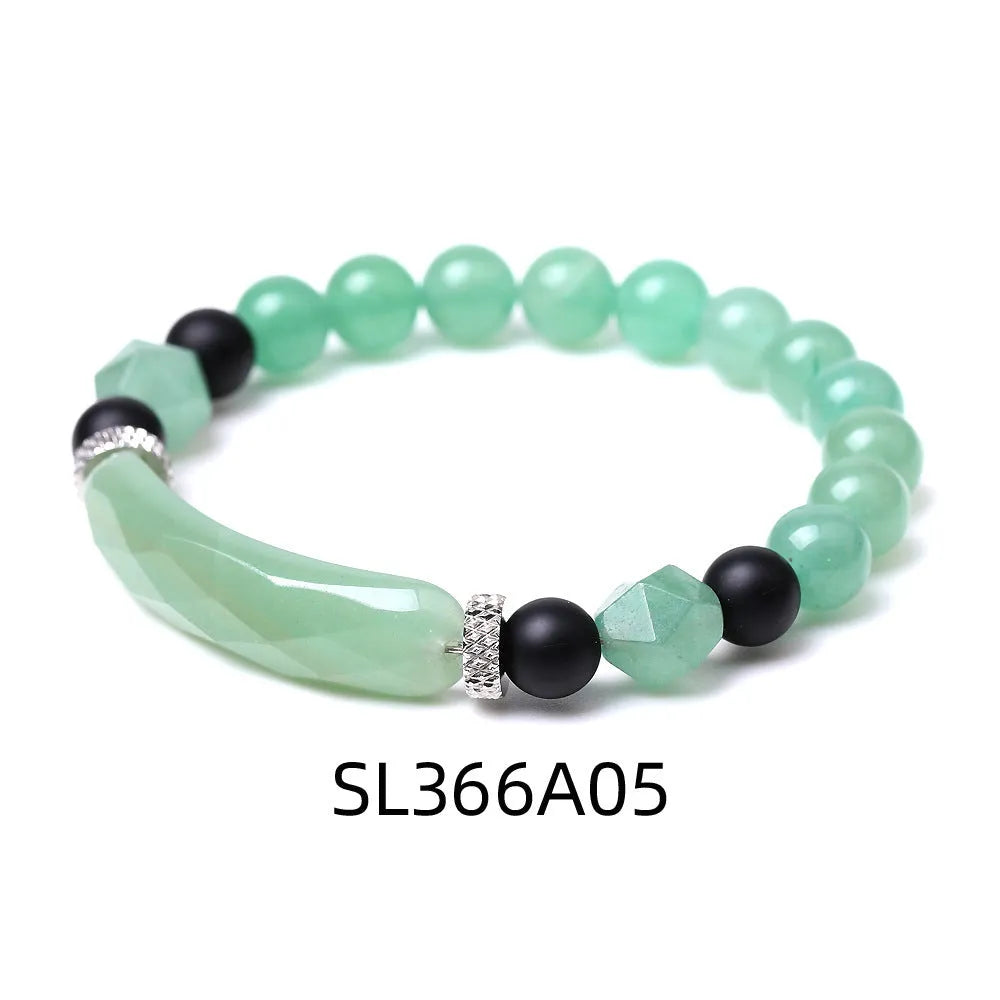 Handmade diamond-shaped cut black agate geometric bracelet showing fan-shaped bead arrangement.