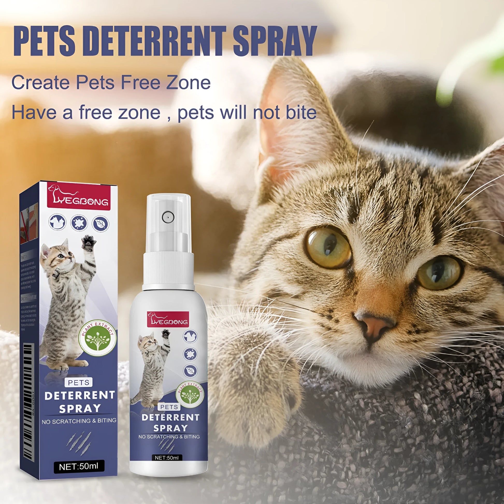 50ml bottle of pet repellent spray in a box, used to prevent scratching on doors and sofas.