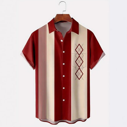 Men's plaid short-sleeve shirt with contrast lapel, shown in a loose cardigan style.