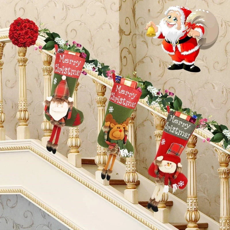 Cozy Christmas stockings with 3D appliqué designs of Santa, Snowman, and Reindeer characters