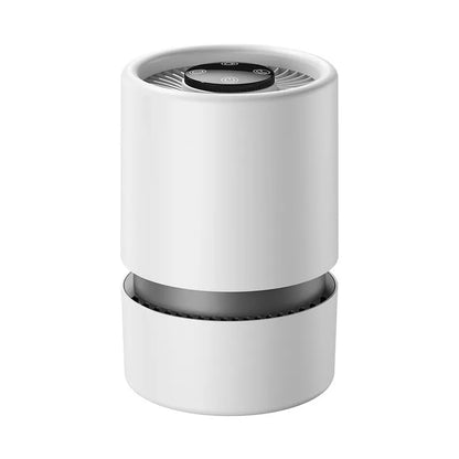 White simple style desktop air purifier with USB Type-C cable on a wooden desk.