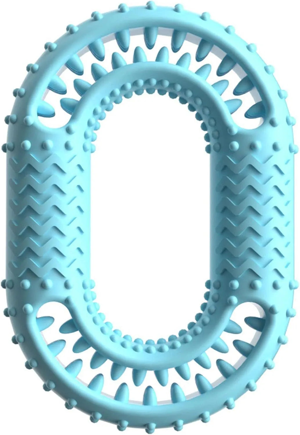 Blue O-ring shaped durable dog chew toy for aggressive chewers on a white background.
