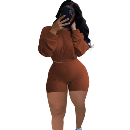 Women's sunken stripe off-the-shoulder two-piece set with long sleeves and matching shorts