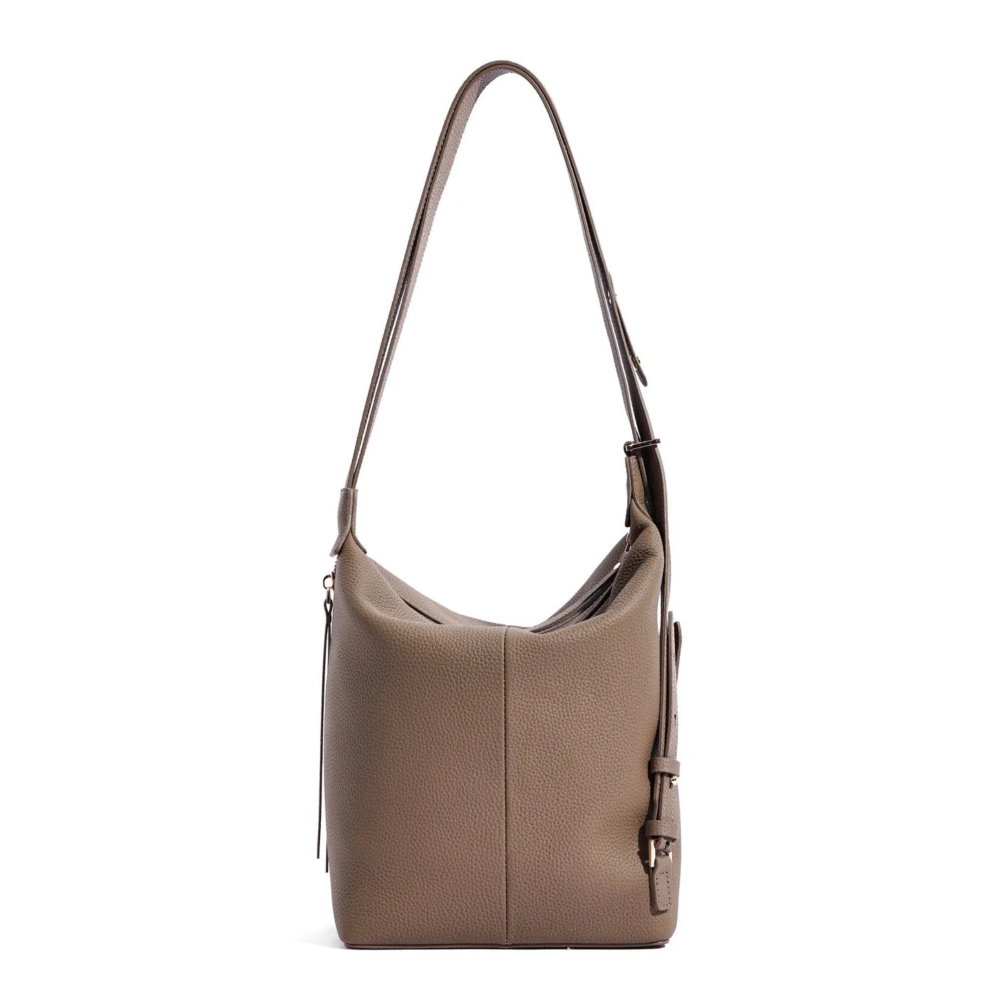 Women's soft genuine cowhide leather bucket shoulder bag in elephant gray colour