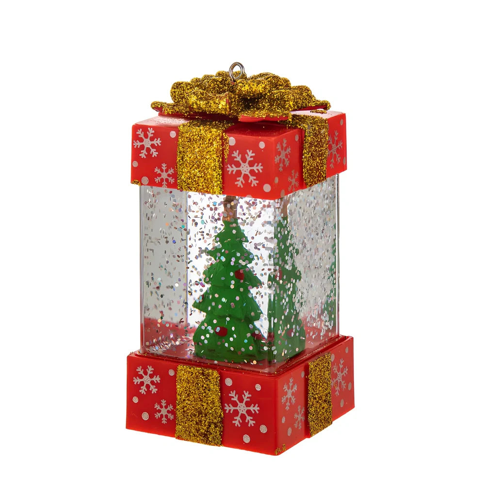 Red and white Christmas crystal ball lights with cartoon designs measuring 5.5cm