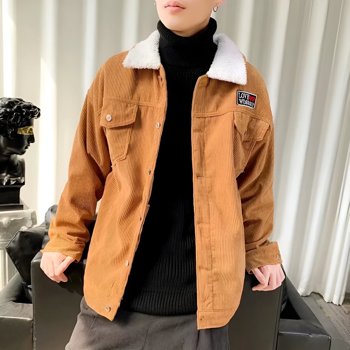 Men's loose fit corduroy workwear jacket in khaki, green, or black with stick pockets and regular sleeves