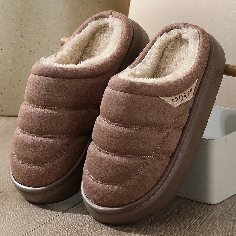 Cozy plush slip-on slippers in various colors, featuring a soft suede-like upper and a supportive EVA sole for maximum comfort and warmth.