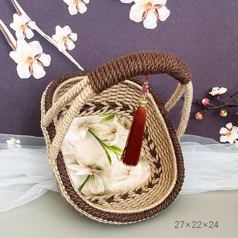 Hand-woven hemp rope basket in coffee brown, 19cm by 12cm, made from natural straw with rustic design