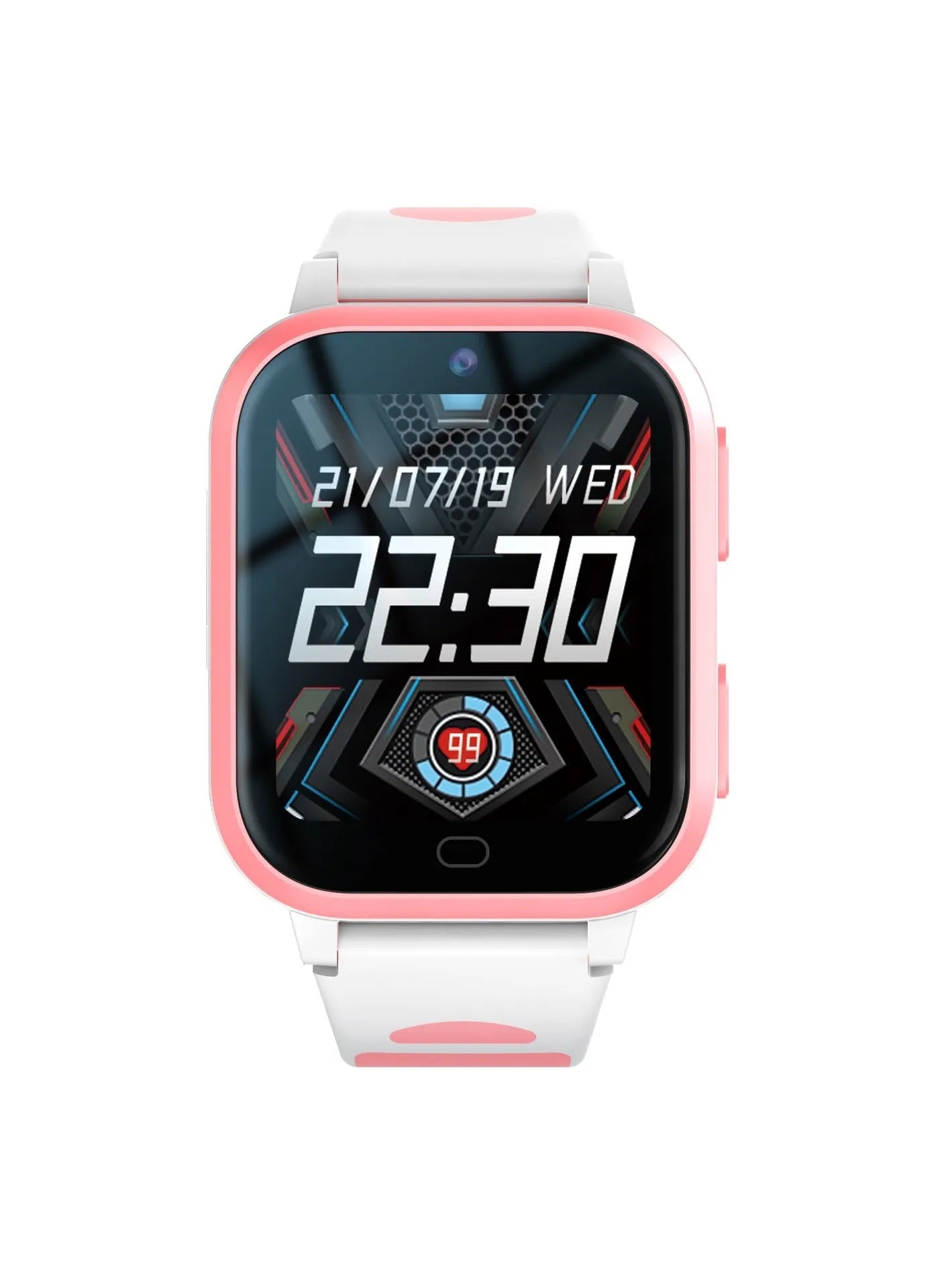 Child's smartwatch with colour screen on a wrist strap, shown in black, blue, and pink colour options.