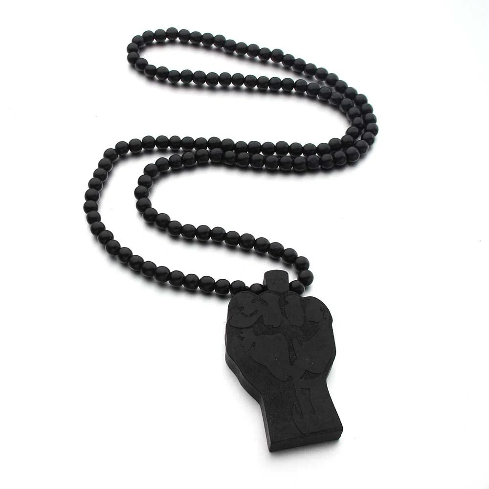 Elegant wooden necklace with unique fist design, made with premium Hemu beads and adjustable 90cm chain