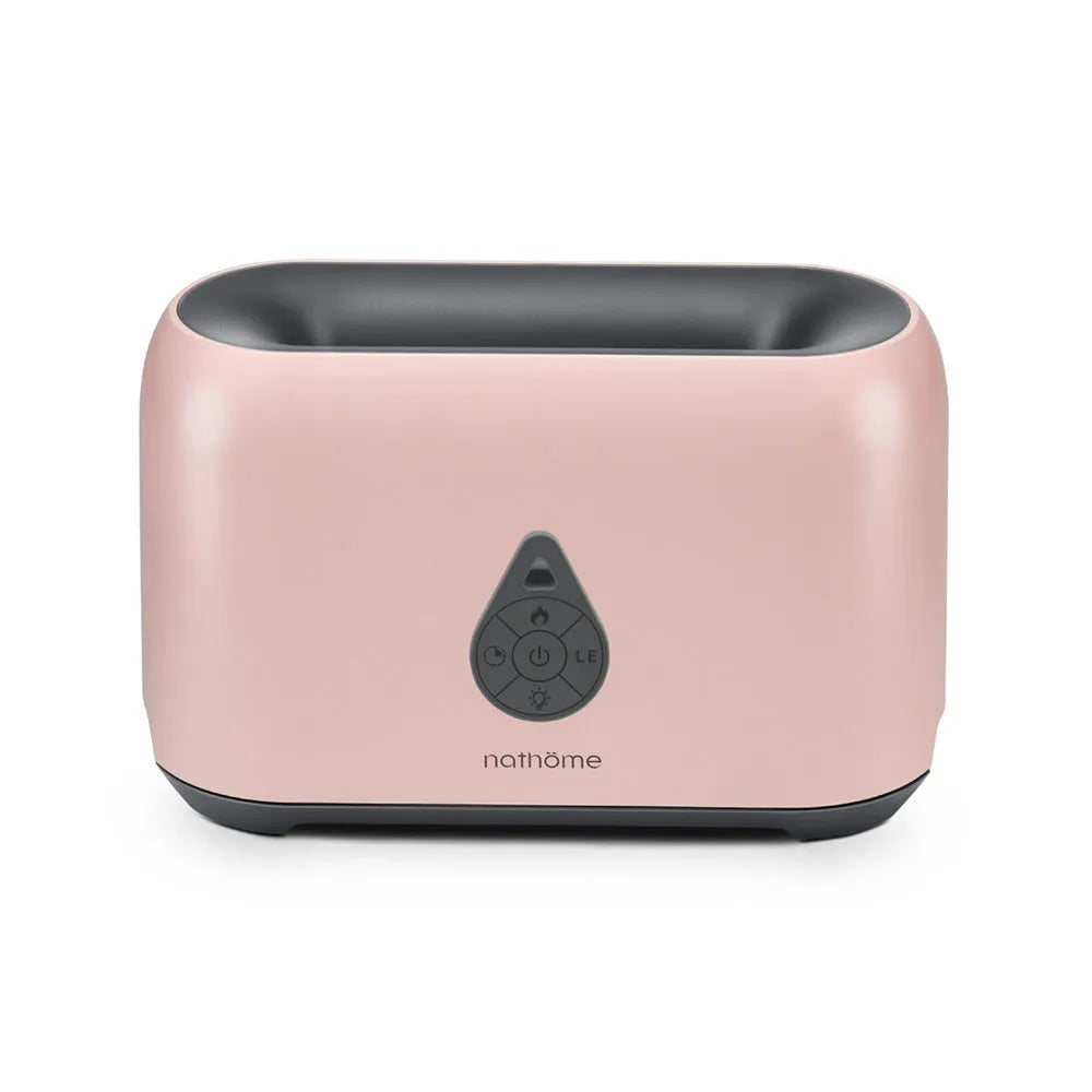 Mini remote control flame diffuser air humidifier, round plastic USB unit with 2-8 hour timer, shown in white, pink, green or grey