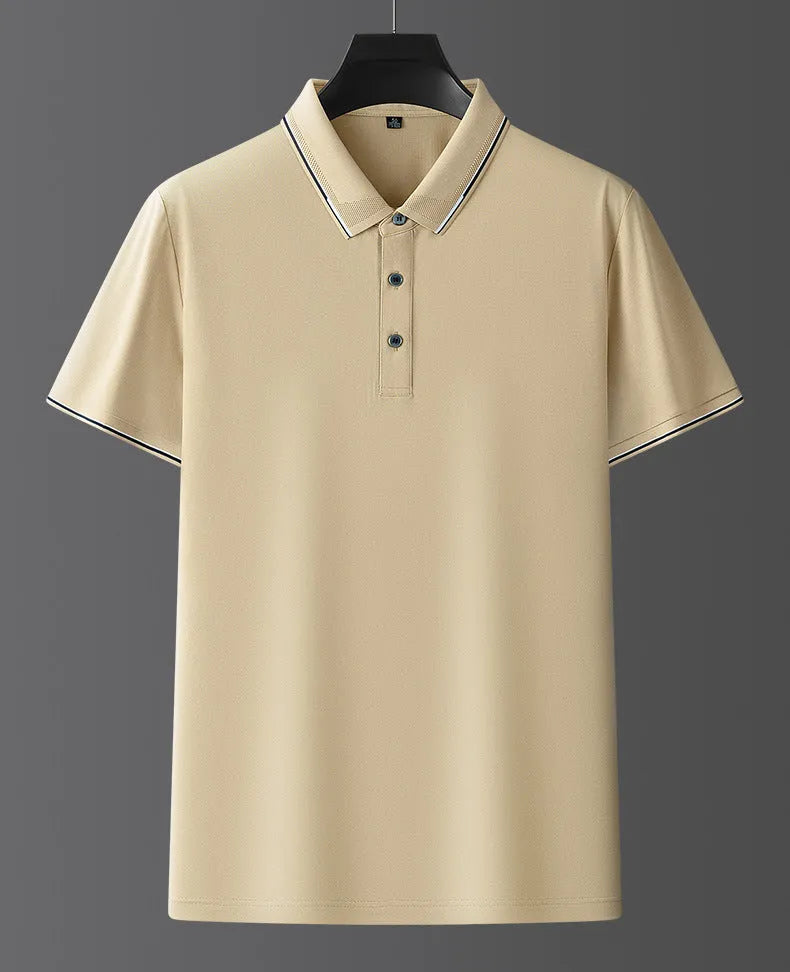 Men's mulberry silk short sleeve shirt in a solid colour on a hanger, showing regular fit and thin fabric for summer