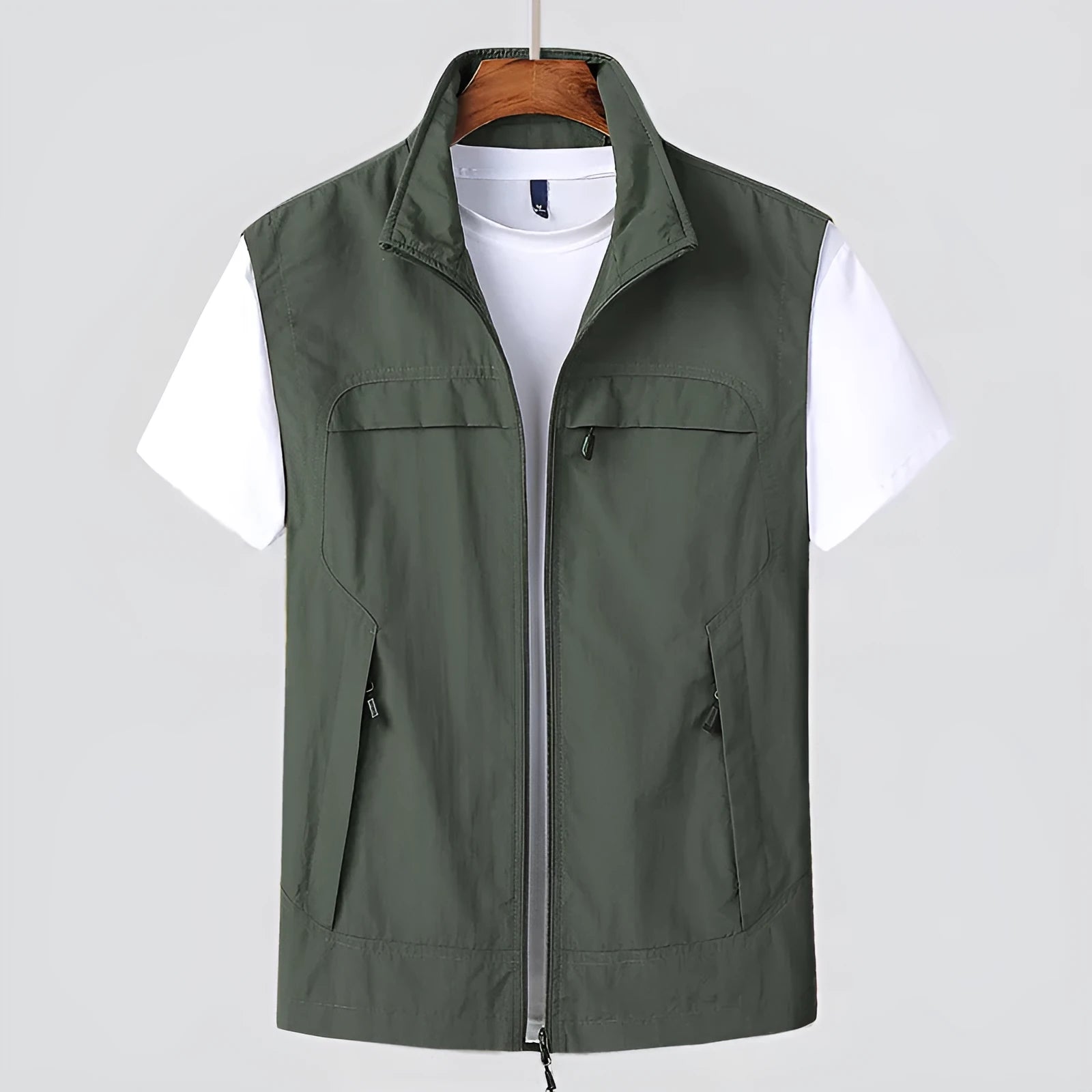 Hooded striped waterproof vest with multiple patch pockets in khaki colour