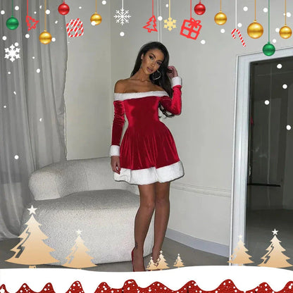 Women's festive Christmas Santa dress with plush trim, boat-neck off-the-shoulder design, and red color