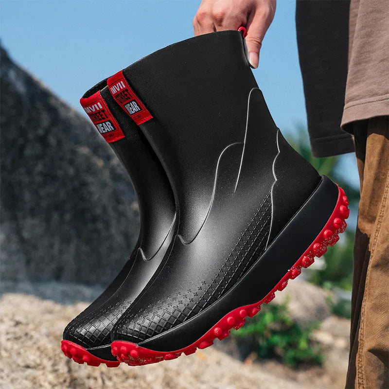 Men's PVC rain boots in beige, brown, black, and black red with plastic soles