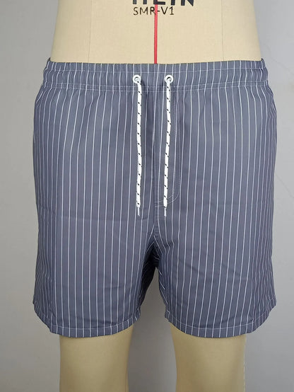 Men's navy blue striped casual shorts with a straight leg opening and triangle lining laid flat.