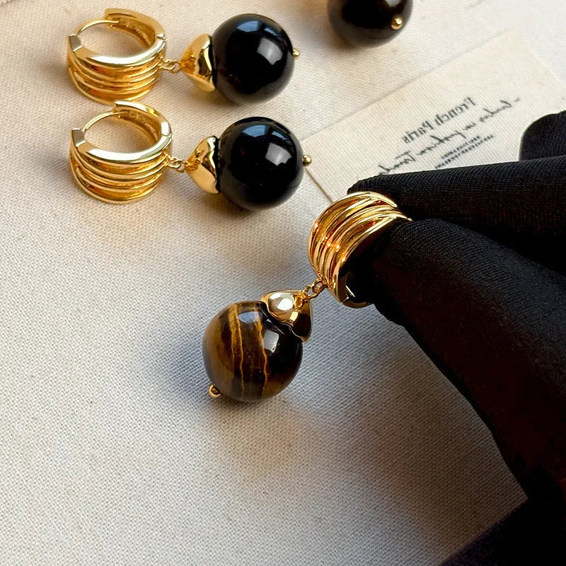 Tigereye geometric earrings for women featuring real gold plating in French retro style, circular maillard design with colour options in black and brown for versatile accessory pairing