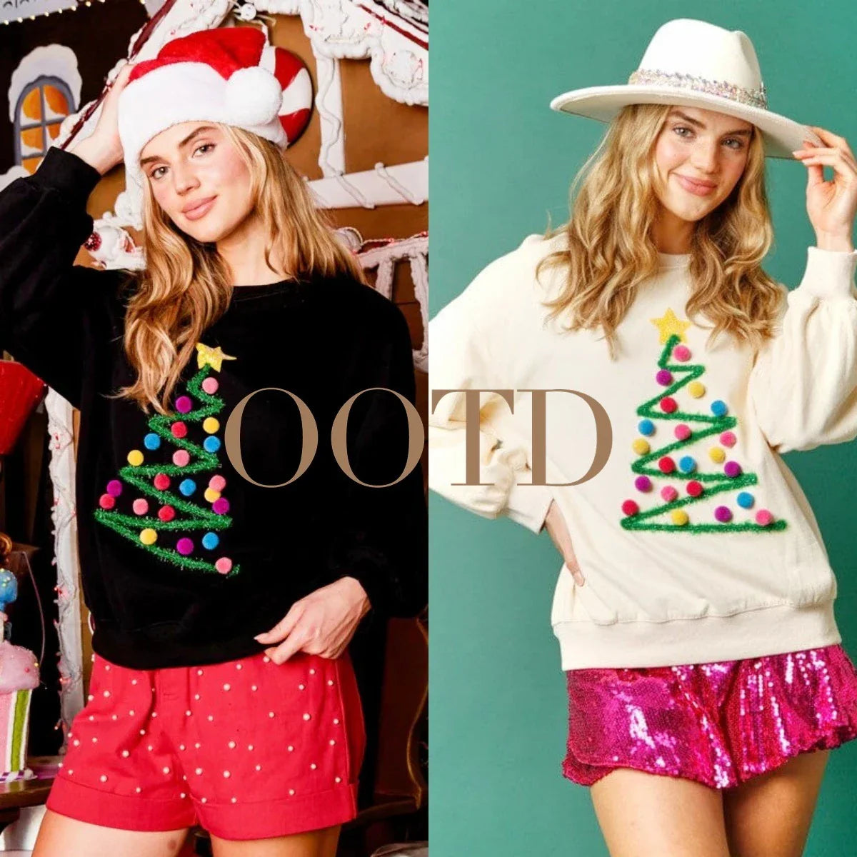 Festive Christmas tree graphic on a cozy, oversized women's hoodie sweater in black and milky white colors
