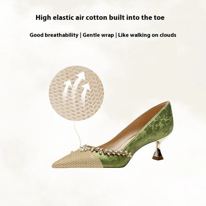 Chinese style satin wedding high heels with rhinestone detailing in champagne, green or silver