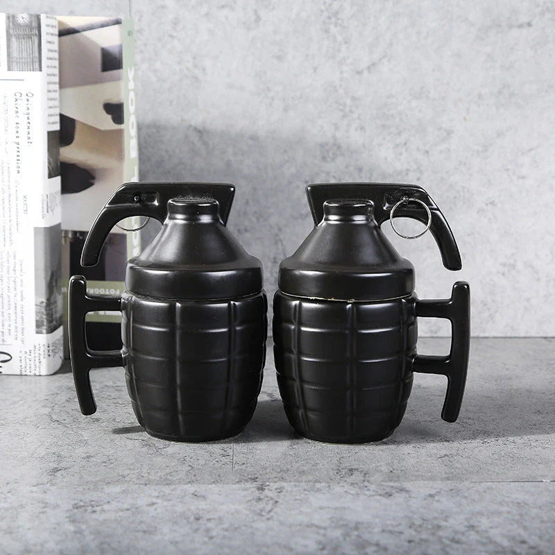 Stylish and durable grenade-shaped ceramic coffee mug with a secure lid, perfect for outdoor adventures and office use.