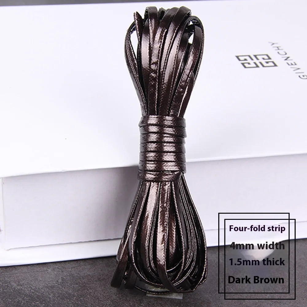 Coiled reels of PU leather craft string in multiple colours including beige, black, red, and blue.
