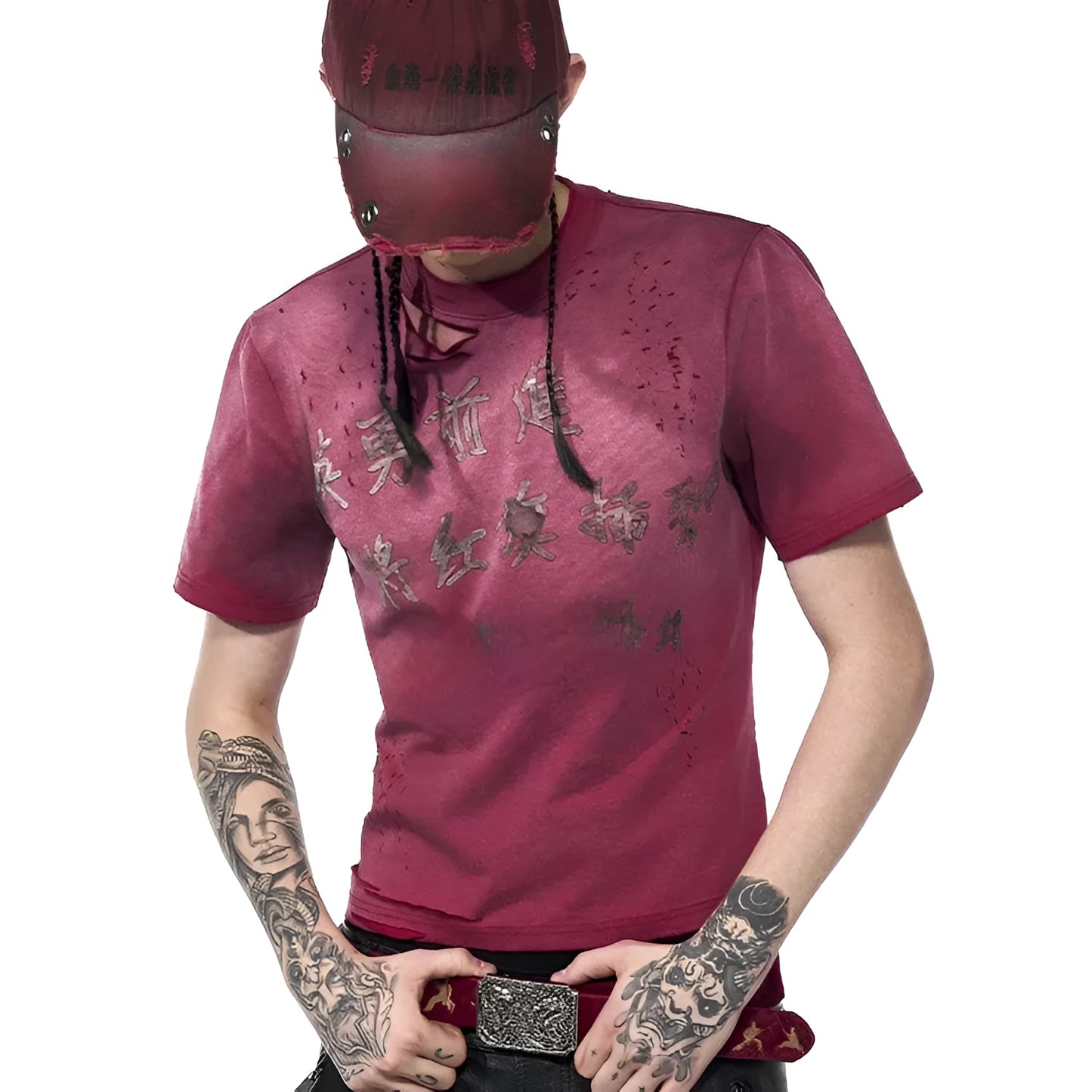Red men's slim-fit T-shirt with dirty wash distressed styling and round neck collar