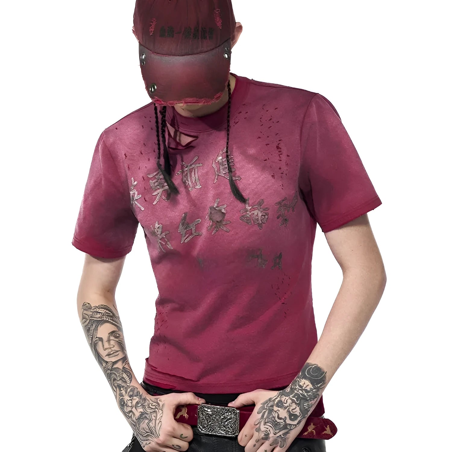 Red men's slim-fit T-shirt with dirty wash distressed styling and round neck collar