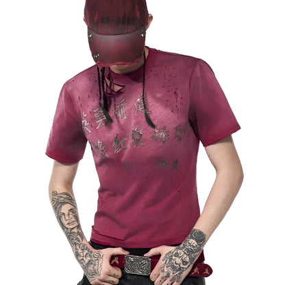 Red men's slim-fit T-shirt with dirty wash distressed styling and round neck collar