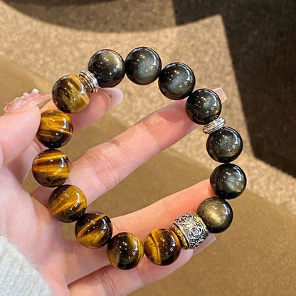 Women's Tigereye silver stone double bracelet with gold inlay and symbolic patterns