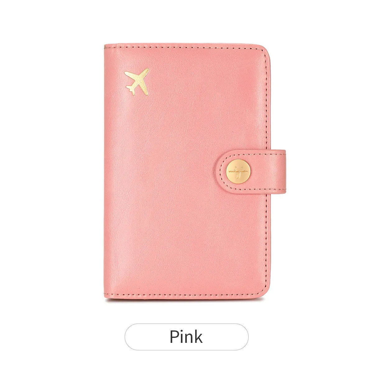 PU passport wallet with sewing line detail, shown in multiple colours including black, pink, and blue, featuring anti-theft swiping protection.