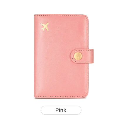 PU passport wallet with sewing line detail, shown in multiple colours including black, pink, and blue, featuring anti-theft swiping protection.