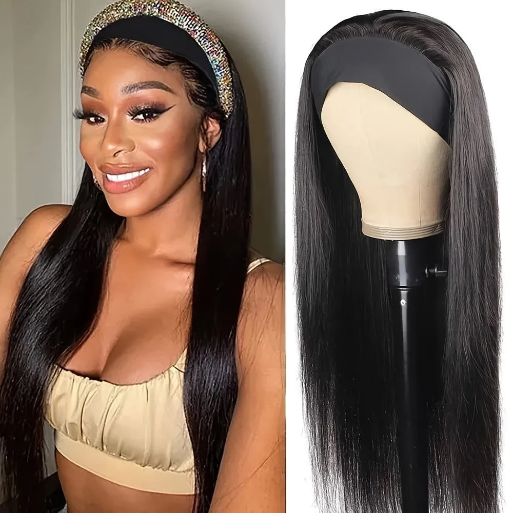 Headband wig with high temperature fibre hair in black straight, black curly, and wine red colour options