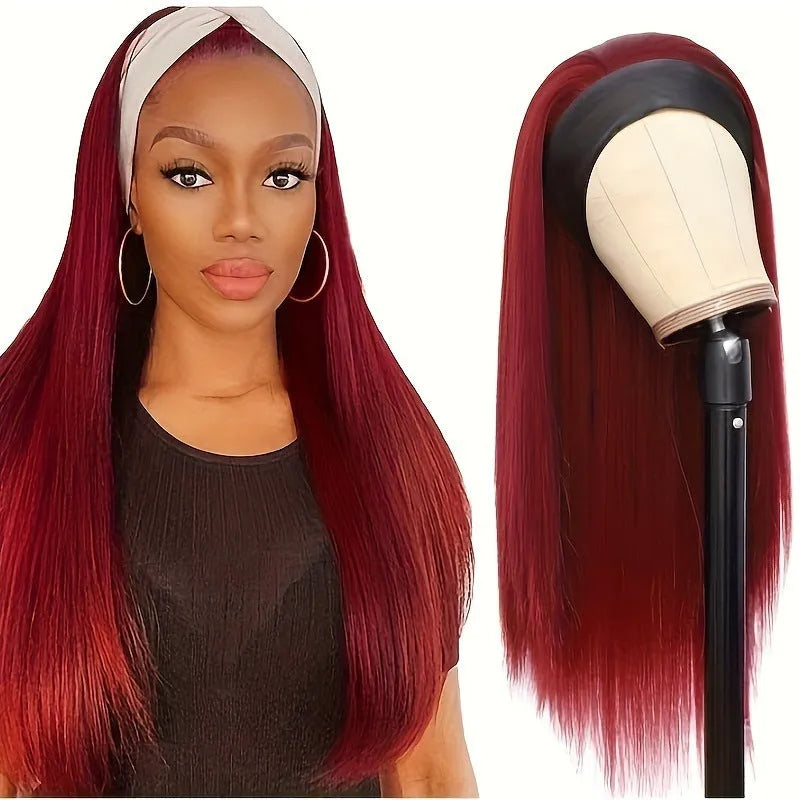 Headband wig with high temperature fibre hair in black straight, black curly, and wine red colour options