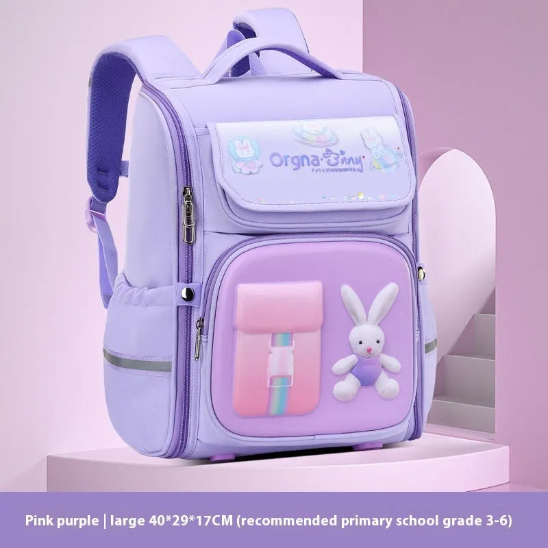 Children's cartoon backpack with airpillow straps in rabbit pink colour showing large capacity design for primary school use