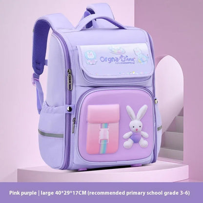 Children's cartoon backpack with airpillow straps in rabbit pink colour showing large capacity design for primary school use