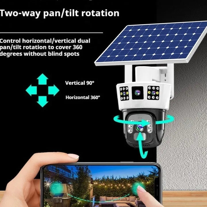 Solar-powered binocular surveillance camera with three-screen viewing capability
